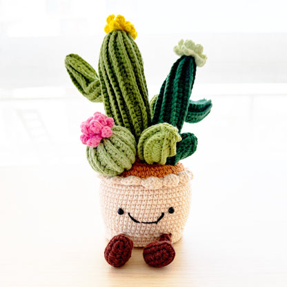 Handmade Crochet Cactus Smiley Pot | Flower Doll | Green | Beige | Home Decor | Gift for Kids Girl Friend | Cute Plushie
