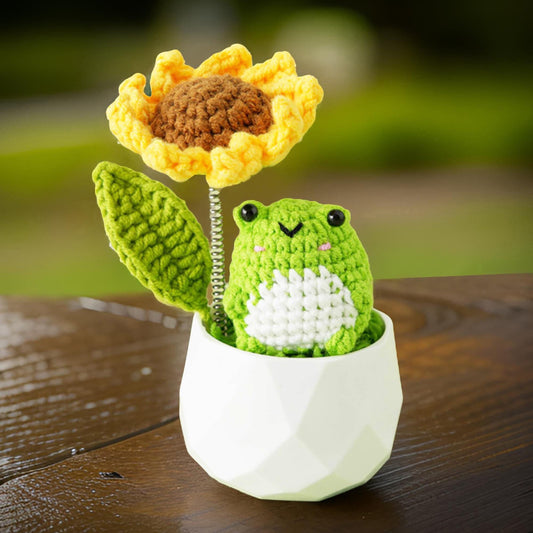 Handmade Crochet Frog and Bee Holding Sunflower Umbrella | Green | Cute Amigurumi Plant | Whimsical Decor | Gift Teacher Student Birthday