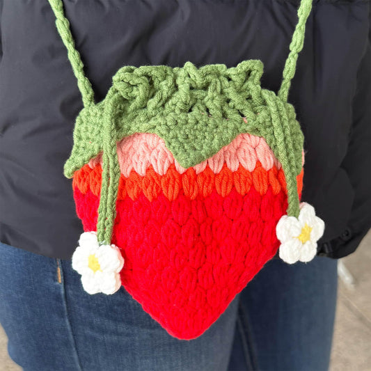 Handmade Crochet Strawberry Crossbody Mini Bag | Red Green White | Kawaii Cute | Fruit Design | Gift for Children Kids Girls | Coin Purse