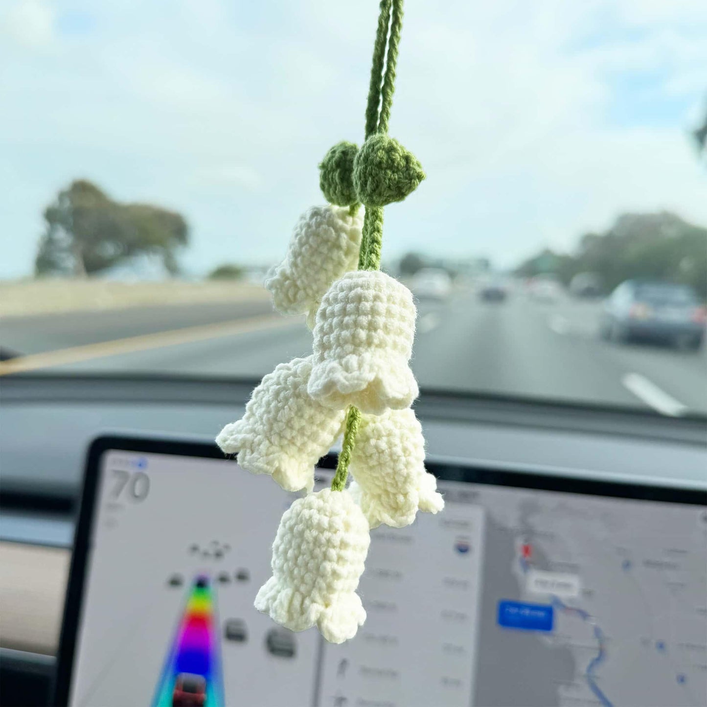 Handmade Crochet Lily of the Valley Flower Car Decor | Car Accessary | Crochet Ornament | White Green | String of Hearts | Bag Charm