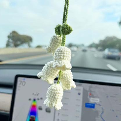 Handmade Crochet Lily of the Valley Flower Car Decor | Car Accessary | Crochet Ornament | White Green | String of Hearts | Bag Charm
