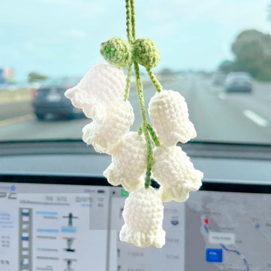 Handmade Crochet Lily of the Valley Flower Car Decor | Car Accessary | Crochet Ornament | White Green | String of Hearts | Bag Charm
