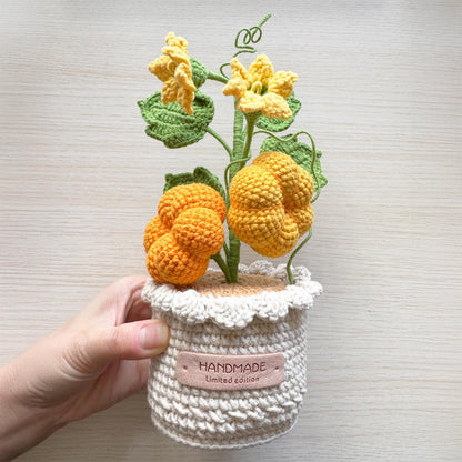Handmade Crochet Pumpkin Fruit Flower Pot | Orange Yellow Green | Halloween Decorative Plants | Fall Home Decor | Artificial Plant | Cozy