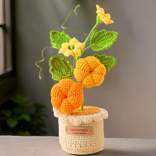 Handmade Crochet Pumpkin Fruit Flower Pot | Orange Yellow Green | Halloween Decorative Plants | Fall Home Decor | Artificial Plant | Cozy