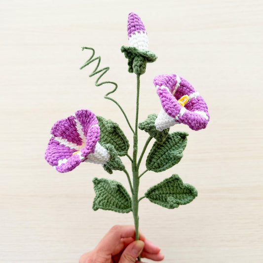 Handmade Crochet Morning Glory Stem | Purple White Green | Crocheted Bouquet (no vase) | Artificial Flower | Mother's day Anniversary