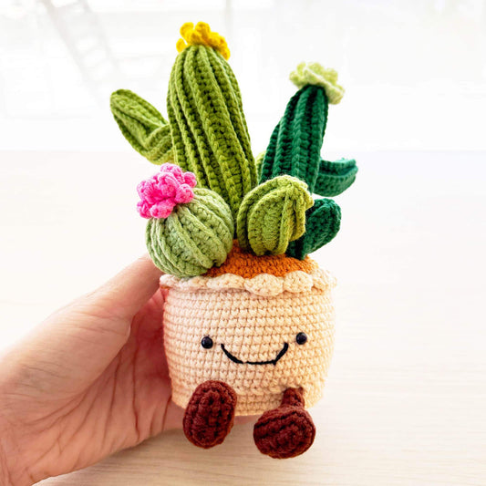 Handmade Crochet Cactus Smiley Pot | Flower Doll | Green | Beige | Home Decor | Gift for Kids Girl Friend | Cute Plushie