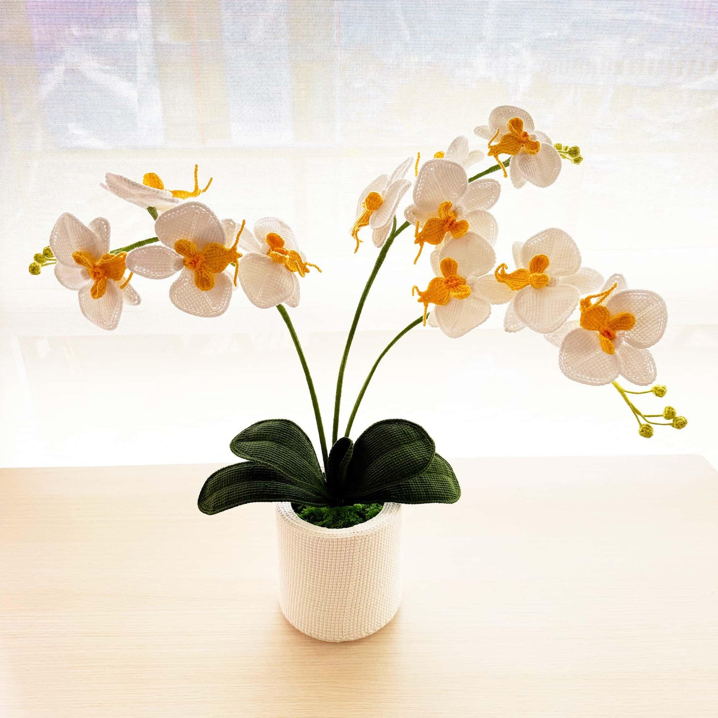 Handmade Crochet Orchid Pot: White & Green Flower Arrangement