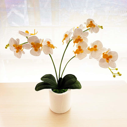 Handmade Crochet Orchid Pot: White & Green Flower Arrangement