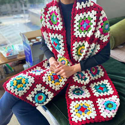 Handmade Crochet Big Granny Square Wrap Scarf | Shawl | Burgundy White | Winter | Christmas Gift for Girlfriend Wife Mom | Knitted Fashion