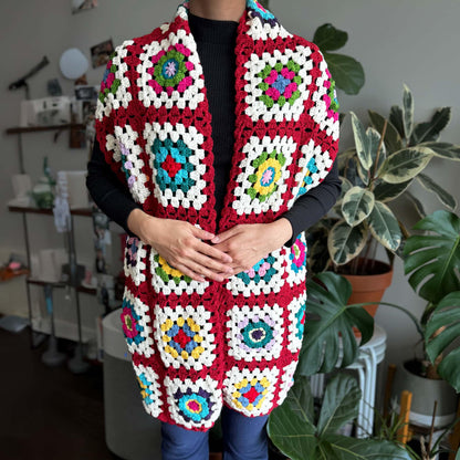 Handmade Crochet Big Granny Square Wrap Scarf | Shawl | Burgundy White | Winter | Christmas Gift for Girlfriend Wife Mom | Knitted Fashion
