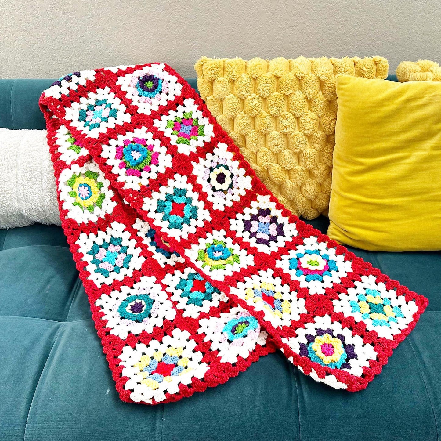 Handmade Crochet Big Granny Square Wrap Scarf | Shawl | Burgundy White | Winter | Christmas Gift for Girlfriend Wife Mom | Knitted Fashion