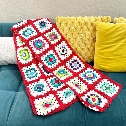 Handmade Crochet Big Granny Square Wrap Scarf | Shawl | Burgundy White | Winter | Christmas Gift for Girlfriend Wife Mom | Knitted Fashion
