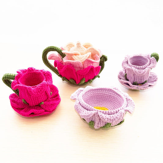 Handmade Finished Crochet Flower Teapot Set | Floral Tea Party Decor | Rose Pink Purple | Whimsical Home Decor | Cottagecore Crochet Gift