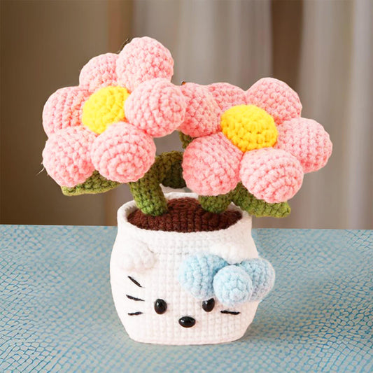 Handmade Crochet Kitty Flower Pot | Cute Plush Decor | Kawaii Yarn Flowers | Pink White Blue | Gift for Children Kids | Cat Plant Pot