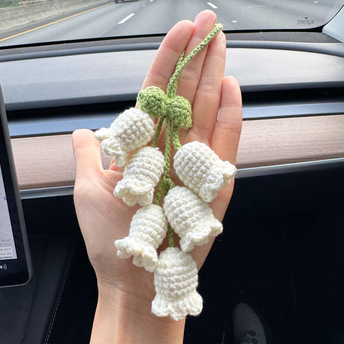 Handmade Crochet Lily of the Valley Flower Car Decor | Car Accessary | Crochet Ornament | White Green | String of Hearts | Bag Charm
