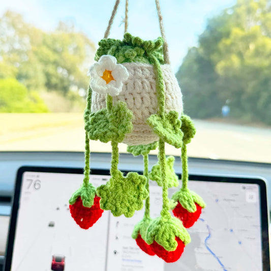 Handmade Crochet Strawberry Car Decor | hanger | Bag Charm | Ren | Green | Beige | Hanging Car Accessory | Gift for Girl friend Wife Mom