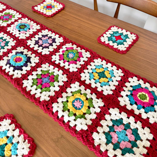 Handmade Crochet Table Runner + Coaster(4 pcs) Set | Granny Square Decor | Crochet Home Accents | Tabletop Gift | Cottagecore Style