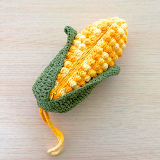 Handmade Crochet Corn Pencil Case | Crossbody Purse | Cute Veggie Zipper Pouch