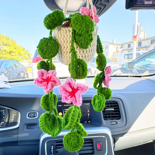 Handmade Crochet Hanging Plant | Car Mirror Decor | Pink Flower Pot | Cute Car Accessory | Crochet Flowers | Boho Car Charm