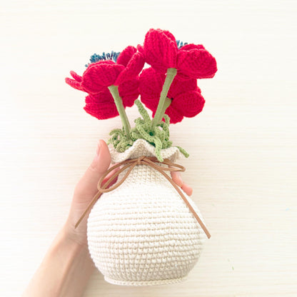 Handmade Crochet Anemone Flower Vase | Red Poppy Decor | Yarn Bouquet | Crochet Flowers | Home Decor | Romantic Gift | Desk Accent