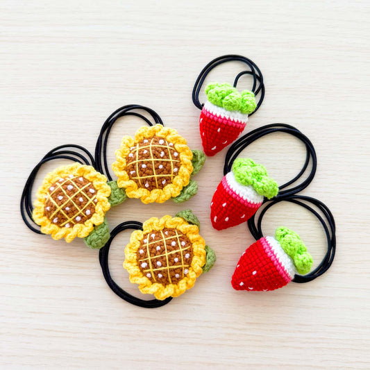 Set of 3 Handmade Crochet Hair Tie Set | Sunflower Hair Elastic | Strawberry Hair Band | Cute Hair Accessory | Fruit Flower Hair Gift