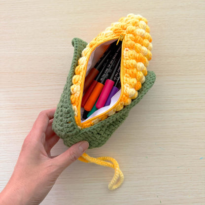 Handmade Crochet Corn Pencil Case | Crossbody Purse | Cute Veggie Zipper Pouch