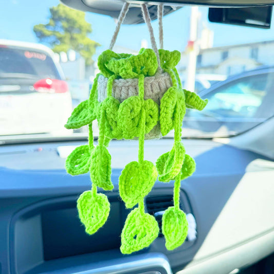 Handmade Crochet Hanging Plant | Car Rearview Mirror Decor | Green Leaf Car Charm | Cute Crochet Plant | Mini Pot | Car Accessories