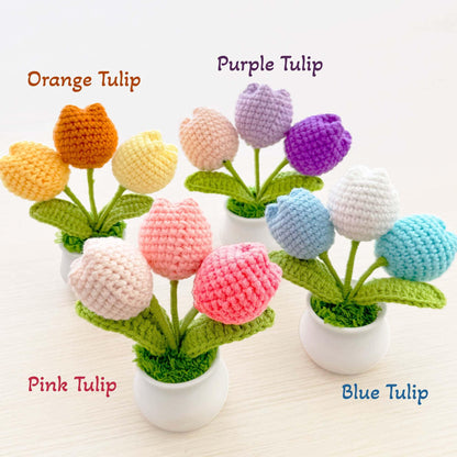 Handmade Crochet Flower Pot (included) Vase (included) | Pink Tulip Decor | Pink Crochet Flower | Decorative Plants | Crochet Flowers