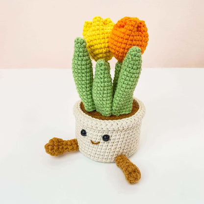 Handmade Crochet Tulip Flower Smiley Pot | Pink | Purple | Blue | Orange | Gift for Kids Children | Artificial Plant | Flowers Arrangement