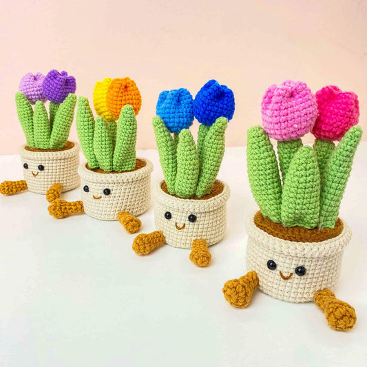 Handmade Crochet Tulip Flower Smiley Pot | Pink | Purple | Blue | Orange | Gift for Kids Children | Artificial Plant | Flowers Arrangement
