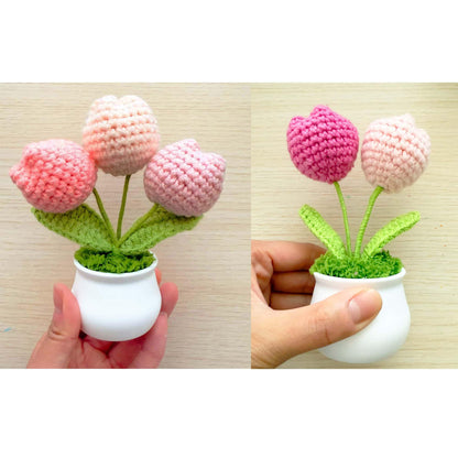 Handmade Crochet Flower Pot (included) Vase (included) | Pink Tulip Decor | Pink Crochet Flower | Decorative Plants | Crochet Flowers