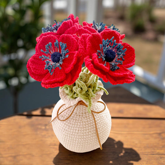 Handmade Crochet Anemone Flower Vase | Red Poppy Decor | Yarn Bouquet | Crochet Flowers | Home Decor | Romantic Gift | Desk Accent