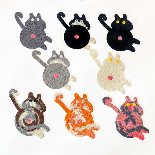Set of 4 Funny Cat Butt Coaster Set (Machine Made) | Yarn Drink Mat | Cat Lover Gift | Animal Coaster | Quirky Home Decor
