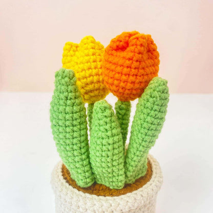 Handmade Crochet Tulip Flower Smiley Pot | Pink | Purple | Blue | Orange | Gift for Kids Children | Artificial Plant | Flowers Arrangement