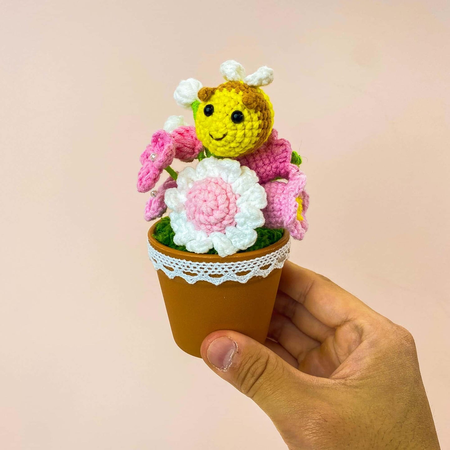 Pre-order Handmade Crochet Bee Flower Pot | Cute Bee Decor | Pink Crochet Flowers | Spring Decor | Flower Arrangement | Home Gift | Desk