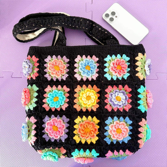 Pre-order Handmade Crochet Granny Square Bag | Retro Flower Tote | Colorful Boho Purse | Black Crochet Tote | Festival Bag | Yarn Flower Bag
