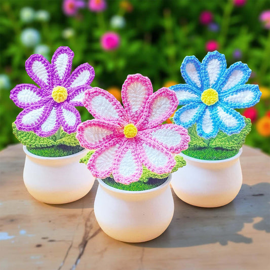Handmade Crochet Cosmos Daisy Pot: Spring Home Decor
