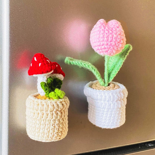 Handmade Crochet Tulip/Mushroom Magnet | Cute Mushroom Decor | Mini Flower Pot | Fridge Magnet | Spring Decor | Gift for Plant Lovers