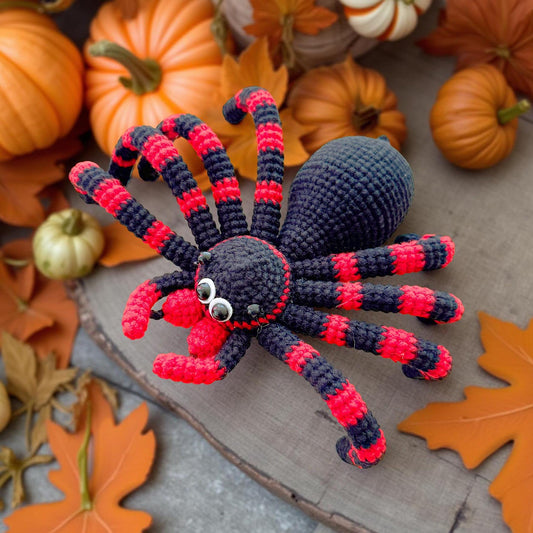 Handmade Crochet Spider Toy | Halloween Decor | Black Red Amigurumi Spider | Creepy Cute Plush | Spooky Home Decor | Bug Lover Gift