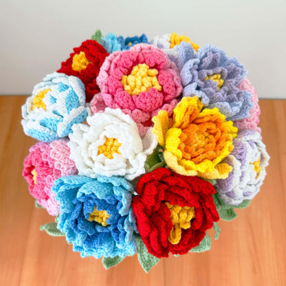 Handmade Crochet Peony Flower Stems (no vase) | Pink | Bouquet | Gift for Mom Girlfriend Teacher | Artificial Plant | Flowers Arrangement