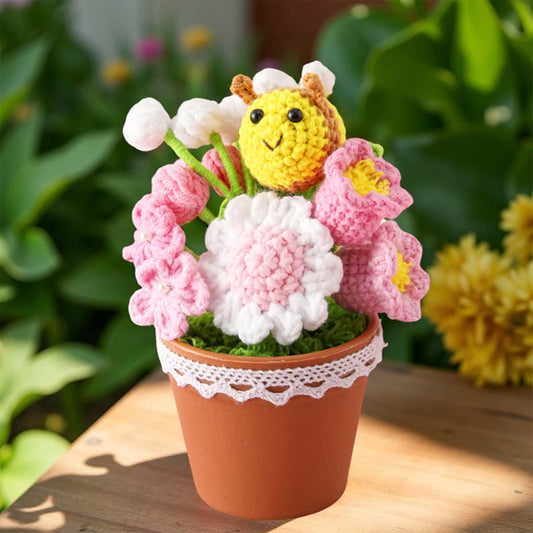Pre-order Handmade Crochet Bee Flower Pot | Cute Bee Decor | Pink Crochet Flowers | Spring Decor | Flower Arrangement | Home Gift | Desk