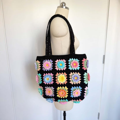 Pre-order Handmade Crochet Granny Square Bag | Retro Flower Tote | Colorful Boho Purse | Black Crochet Tote | Festival Bag | Yarn Flower Bag