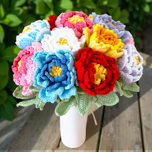 Handmade Crochet Peony Flower Stems (no vase) | Pink | Bouquet | Gift for Mom Girlfriend Teacher | Artificial Plant | Flowers Arrangement