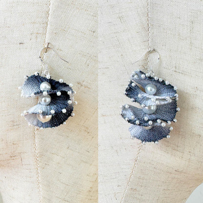 Handmade Micro Crochet Earrings | Spiral Shell Earrings | Beaded Yarn Jewelry | Statement Pearl Earring | Black White Crochet Art