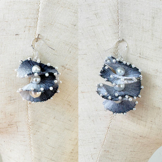 Handmade Micro Crochet Earrings | Spiral Shell Earrings | Beaded Yarn Jewelry | Statement Pearl Earring | Black White Crochet Art