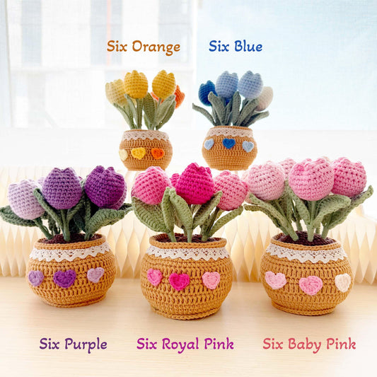 Handmade Crochet Flower Pot (included) Vase (included) | Pink Tulip Decor | Pink Crochet Flower | Decorative Plants | Crochet Flowers