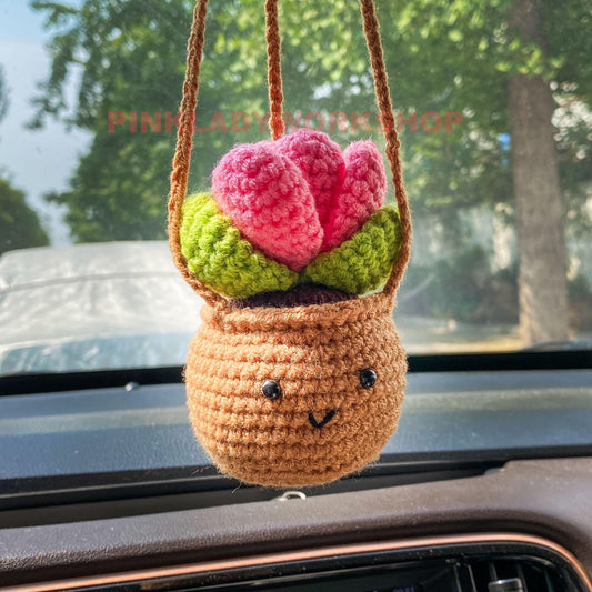 Handmade Crochet Succulent Bag Charm | Car Decor | Cute Christmas Ornament | Amigurumi Plant | Pink Flower Keychain | Gift Idea