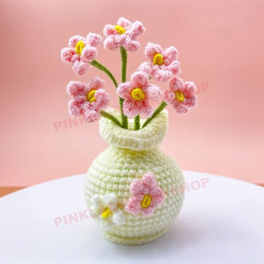 Handmade Crochet Sakura Vase Charm | Japanese Style Home Decor | Pink Flower Bag Charm | Car Hanging Ornament | Kawaii Amigurumi Gift