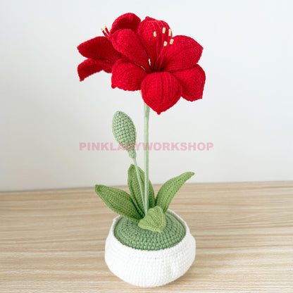 Handmade Crochet Amaryllis Flower Pot | Red Lily Decor | Handmade Hippeastrum | Holiday Table Centerpiece | Yarn Plant