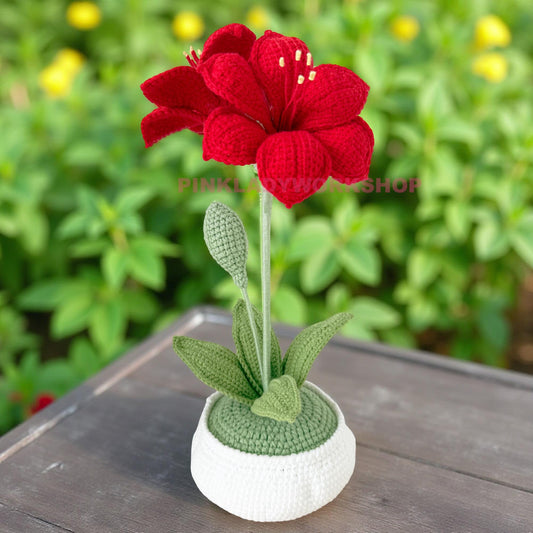 Handmade Crochet Amaryllis Flower Pot | Red Lily Decor | Handmade Hippeastrum | Holiday Table Centerpiece | Yarn Plant